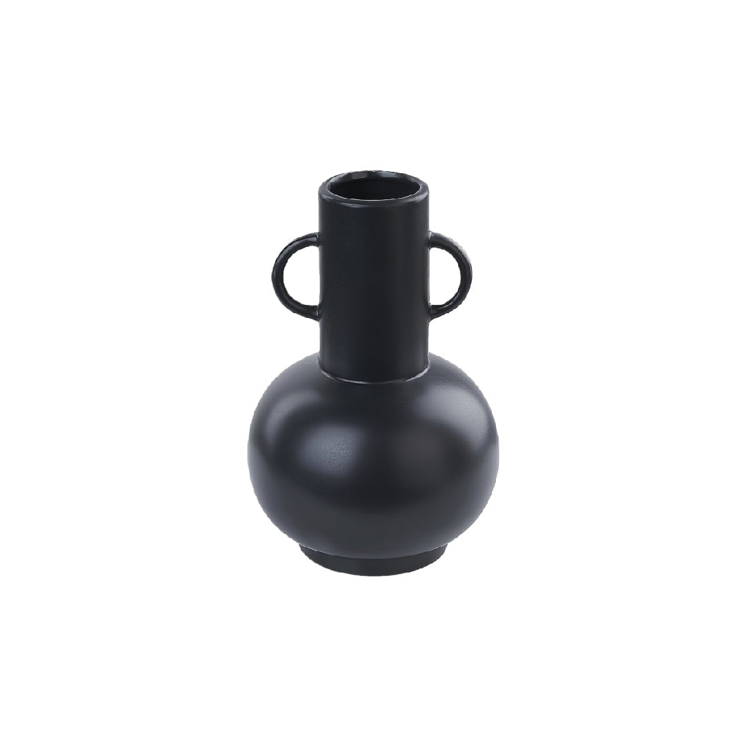 Modern Matte Black Ceramic Balloon Vase with Dual Ear Handles - 10 inch Decorative Urn