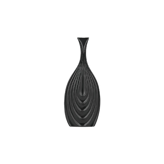 Modern Matte Black Ceramic Teardrop Vase with Concentric Ribbed Pattern - 14 inch Sculptural Vase