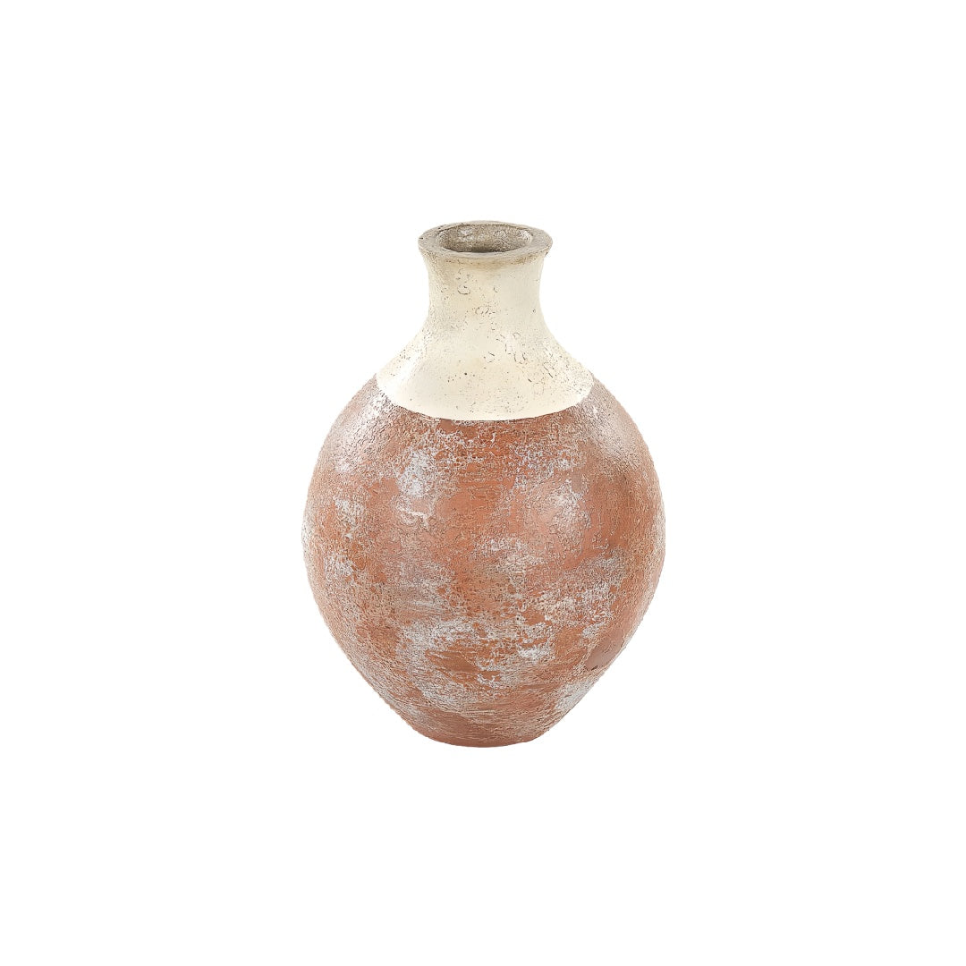 Rustic Two-Tone Terracotta Balloon Vase - 10 inch Distressed Textured Ceramic Decorative Jar